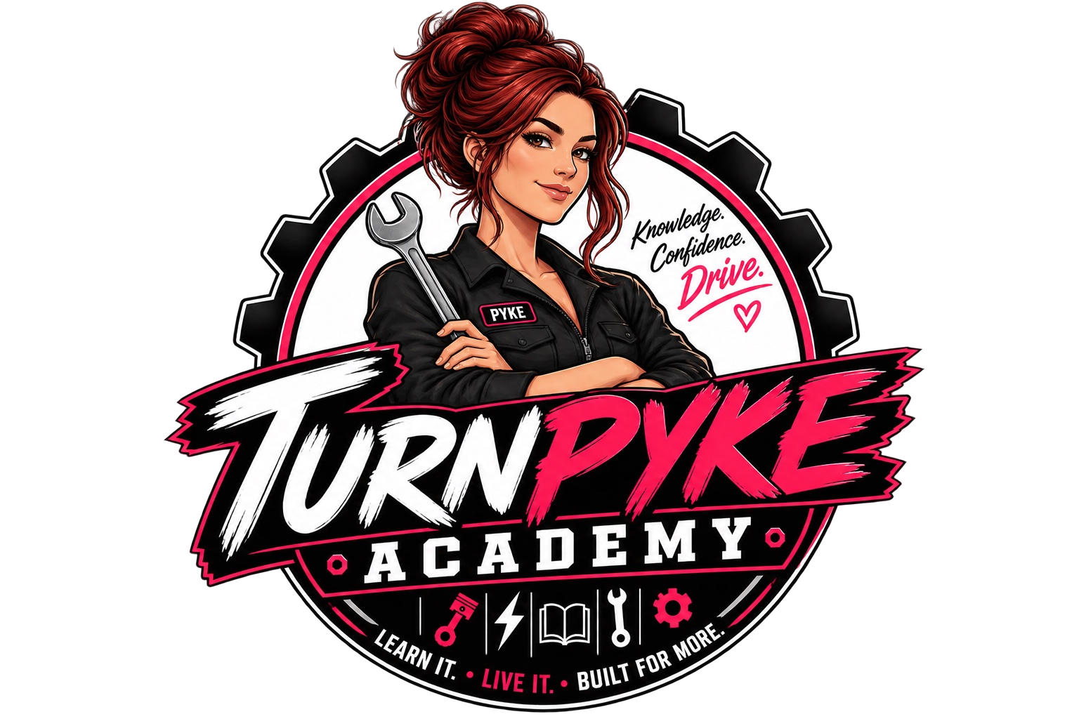 TurnPyke Academy illustrated crest featuring a woman automotive technician holding a wrench, with the words Knowledge, Confidence, Drive